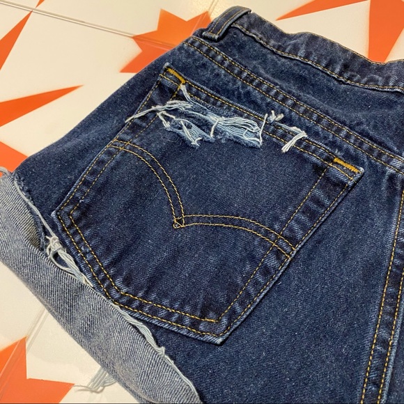 Levi 555 Dark Wash Distressed Denim Cutoffs - Picture 5 of 10